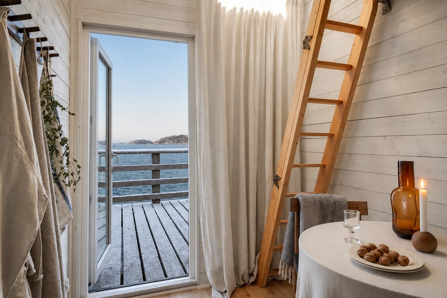 Vintermys i sjöboden med havet utanför
